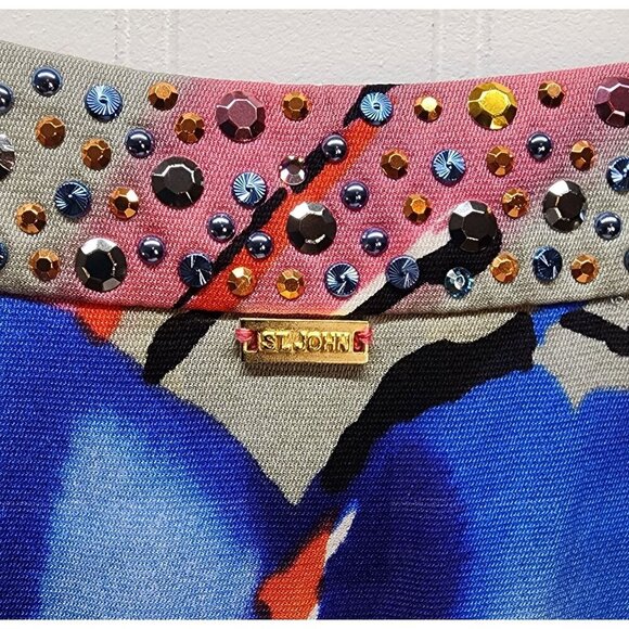 St. John Floral Tunic Dress With Rhinestone Accents Size P Silk Blend - Picture 7 of 15